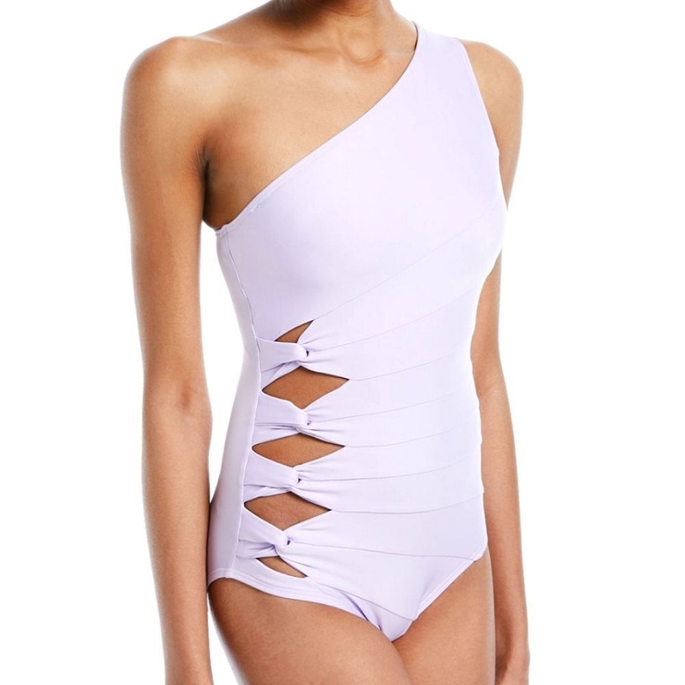 Carmen Marc Valvo white One-Shoulder Side-Knot Cutout One-Piece Swimsuit Size 12